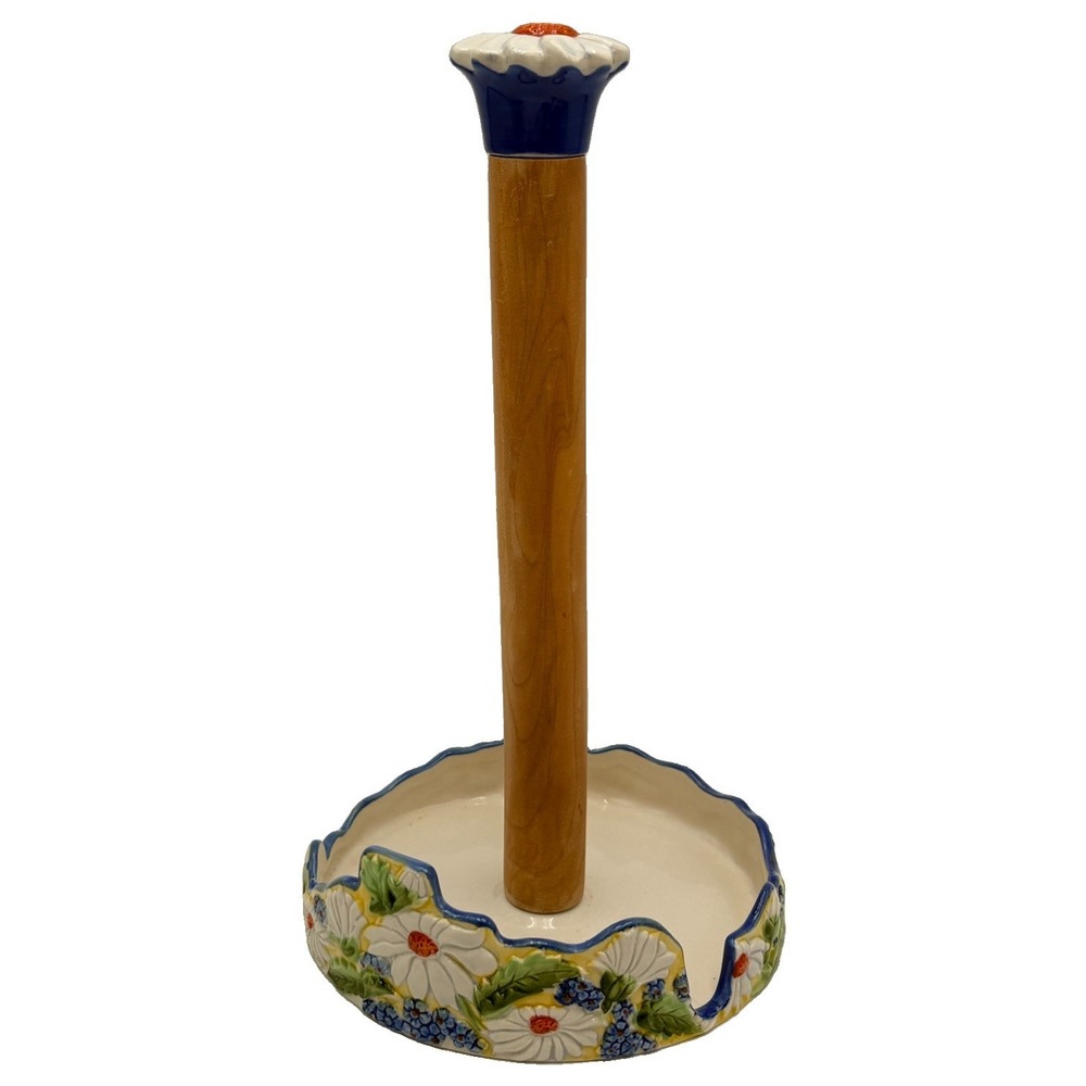 Temp-tations by Tara Blue Figural Floral Ceramic Wood Paper Towel Holder Cottage